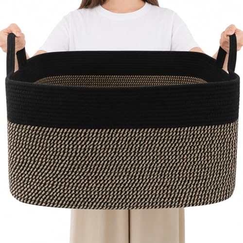 65L Laundry Basket with Handles, Woven Blanket Basket, Black/Jute - color: Black & Jute, size: 65L