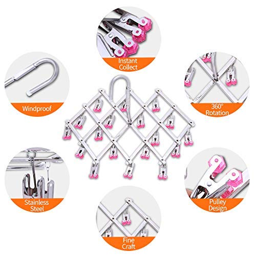 Drying Hanger, Hanging Drying Rack, Drip Hanger Stainless Steel with 18 Pegs for Laundry Underwear Socks, Quickly Remove Clothes from Hanger, Windproof, Folding Portable, (Red) - color: Red