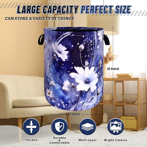 Blue Daisy Floral Laundry Basket Oxford Cloth Foldable Hamper 18.9x16.5 In - color: Watercolor Blue Daisy Flowers