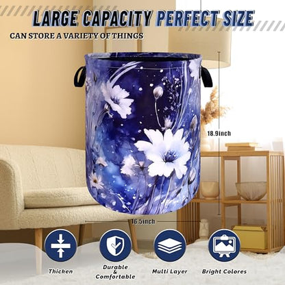Blue Daisy Floral Laundry Basket Oxford Cloth Foldable Hamper 18.9x16.5 In - color: Watercolor Blue Daisy Flowers