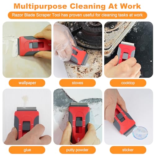 Razor Blade Scraper with 2 Pcs Plastic Scraper, Scraper Tool for Cooktop, Oven, Stove, Labels Decal, Plastic Blades for Clean Glass Window, Scraper Buit-In Blade torage, Upgraded Lock Mechanism,Gray