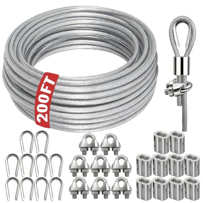 NAZOU 3/16 Inch Coated Steel Wire Rope, Hanging String Lights, Clotheslines - color: Silver, size: 200FT