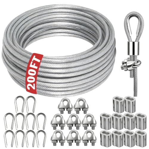 NAZOU 3/16 Inch Coated Steel Wire Rope, Hanging String Lights, Clotheslines - color: Silver, size: 200FT