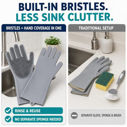 Silicone Dishwashing Gloves with Scrubber Bristles, Food-Grade Cleaning Mitts for Kitchen Dishes, Pet Grooming & Car Wash - color: Grey