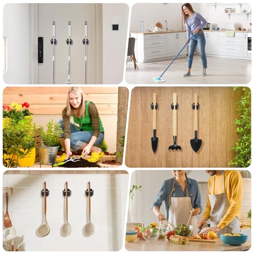 Broom Holder Wall Mount, 4PCS Broom Hanger Wall Mount, Stainless Steel Heavy Duty Mop Holder Broom Mop Hanger Wall with Screws, Garden Outdoor Tool Organizer Rack Broom Hanger (Black)