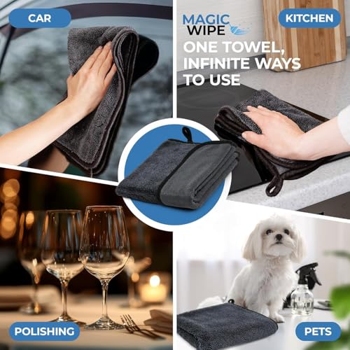 MagicWipe® Microfibre Cloth - 2 Pack 30 x 40 cm Dual Sided Cleaning Cloth - 600 GSM All Purpose Streak Free Diamond Wave Polishing Cloth for Kitchen Worktops, Glass, Mirrors, Bathrooms, Car - color: Black 30x40cm
