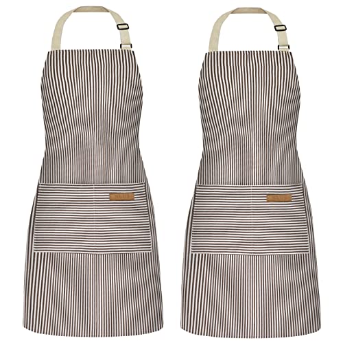 NLUS 2 Pack Cooking Aprons for Women with Pockets, Adjustable Kitchen Bib Aprons Chef Aprons for Women Men(Brown Pinstripes) - color: Taupe