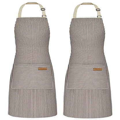 NLUS 2 Pack Cooking Aprons for Women with Pockets, Adjustable Kitchen Bib Aprons Chef Aprons for Women Men(Brown Pinstripes) - color: Taupe
