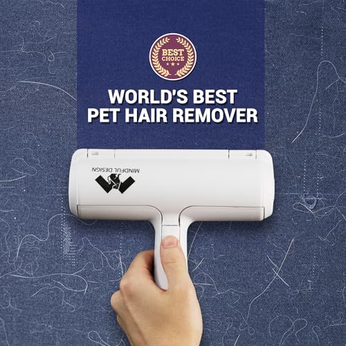 Mindful Design Roller Pet Hair Remover and Reusable Lint Roller - Cat and Dog Hair Remover for Furniture, Couch, Carpet, Clothing and Bedding - Portable, Multi-Surface Fur Removal Tool