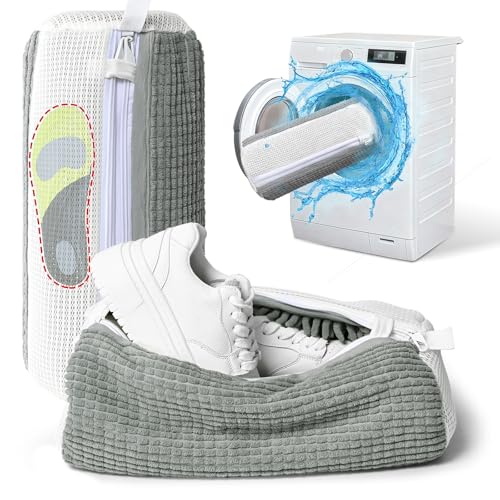 Anybar Shoe Washing Machine Bag Sneaker Laundry Bags Cleaning Shoes- for Washer and Dryer Microfiber Sneakers Shoe Wash Bag with Self Locking Zipper 2PCS Reusable Cleaner Bags (Grey) - color: Grey