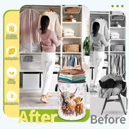 Highland Cow Laundry Basket Foldable Waterproof Cattle Hamper 18.9x16.5 In - color: Cow