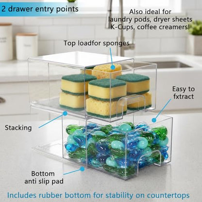 2 Pack Laundry Pods Container, Stackable Laundry Room Organization Storage Drawers, Dryer Sheet Container, Detergent Holder with Pull Handle, Bathroom Organization, Clear