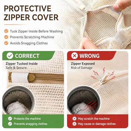100% Cotton Mesh Laundry Bags for Delicates, Set of 4 Multi Size (S M L XL), Wash Bags with Protective Zipper Cover, Reusable for Clothes, Lingerie & Underwear