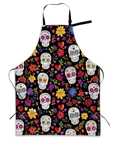 Cooking Aprons for Men and Women,Adjustable Bib Chef Apron with 2 Pockets, Soft and Durability Kitchen Apron - color: Mexican Skull Sugar Skull Day of the Dead