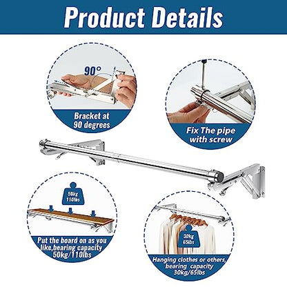 TBMLC Foldable Wall Mounted Clothes Rack- 30'' Long Rod & 2 Thick Bases - style: 30 inches length