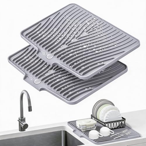 TIKNIK Silicone Dish Drying Mat for Kitchen Counter, Grey-2pcs, 16" x 12" - color: Grey-2pcs, size: 16" x 12"