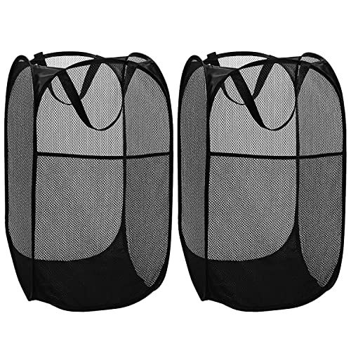 BATTOO Deluxe Strong Mesh Pop up Laundry Hamper Basket with Side Pocket Foldable Hamper for Laundry Room, Bathroom, Kids Room, College Dorm or Travel Black + Black - color: Black+Black