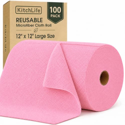 Microfiber Cleaning Cloth Roll, 100 Pack 12 x 12 Inch Tear Away Reusable Paper Towels, Thick Cleaning Towels, Absorbent Lint Free Washable Rags for Kitchen, Car, Garage and Workshop - Pink - color: Pink