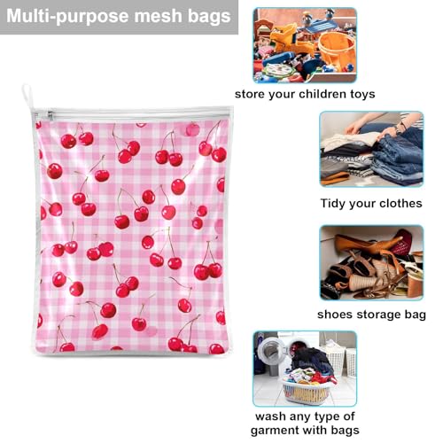 Mesh Laundry Bags Lingerie Bags for Washing Delicates 2 PCS Durable Wash Bag with Zipper Small and Medium Washable Pink Juicy Checkered Cherry - color: Pink Juicy Checkered Cherry
