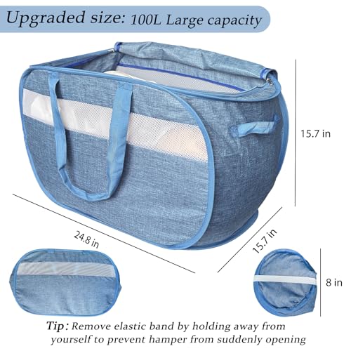 Upgraded 100L Extra Large Mesh Pop Up Laundry Hamper with Lid and Handles. XL Closet Storage Bins, Dirty Clothes Basket for Dorm Home, Foldable Laundry Basket. Blue. H - color: Navy