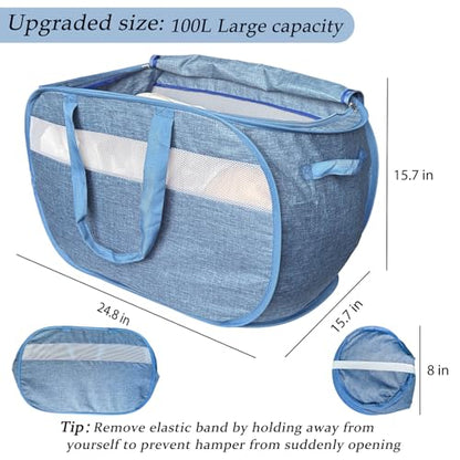 Upgraded 100L Extra Large Mesh Pop Up Laundry Hamper with Lid and Handles. XL Closet Storage Bins, Dirty Clothes Basket for Dorm Home, Foldable Laundry Basket. Blue. H - color: Navy