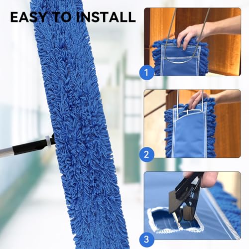 Commercial 48 Inch Dust Mop Head: Replacement Heavy-Duty Sweeper and Janitorial Industrial Dust Mop Head for Floor Cleaning, Office, School, Restaurant, Hospital (3 Pack - Blue) - color: Blue - 48 Inch - 3pack