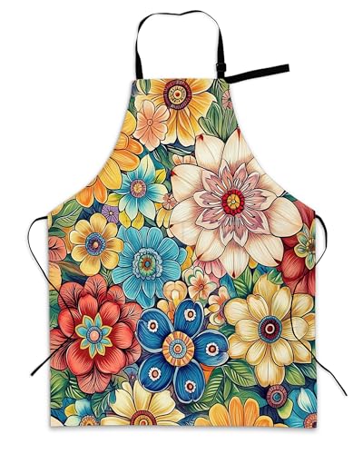 Cooking Aprons for Men and Women,Adjustable Bib Chef Apron with 2 Pockets, Soft and Durability Kitchen Apron - color: Flower Cute Mandala Floral