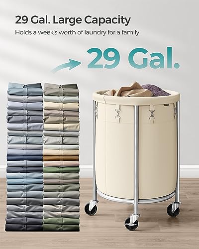 SONGMICS Laundry Basket with Wheels, 29 Gal., Steel Frame, Removable Bag - color: Cream White + Metallic Silver, size: 110 L (1-Section)
