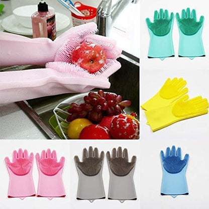 Silicone Dishwashing Gloves, Pet Grooming Rubber Scrubbing for Dishes, Sponge Wash Cleaning with Scrubbers (13.6" L) - color: Purple