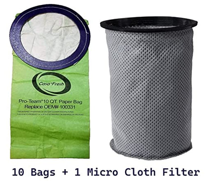 10 PK of Replacement Bags for ProTeam 100331. Compatible with 10 QT BackPack Vacuums - Coachvac, Super Coachvac, Megavac (10 QT Round Bags 100331 + MicroLiner 100565) - size: 10 QT Round + 100565