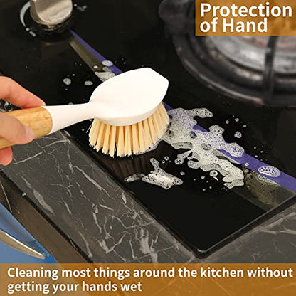 2 Pack Kitchen Dish Brush Bamboo Handle Dish Scrubber Built-in Scraper - style: White