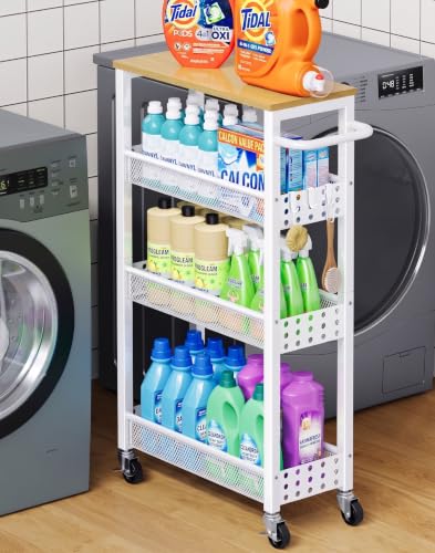 Laundry Room Slim Rolling Cart with Wheels for Between Washer and Dryer Gap - color: Light White, size: 7.1″ Wide