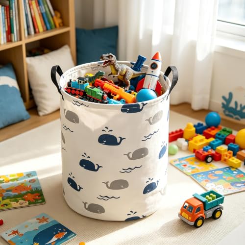 Foldable Waterproof Round Fabric Laundry Basket Home, Blue Cute Whale - color: Round-Blue Cute Whale