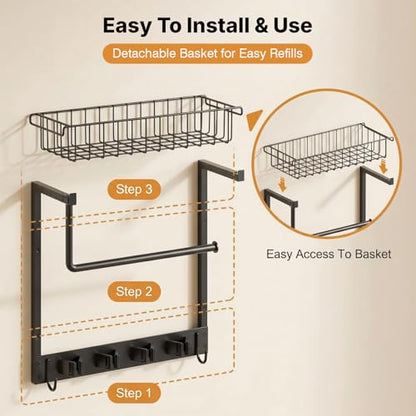 Broom Holder Wall Mount with Paper Towel Holder& Removable Anti-fall Basket