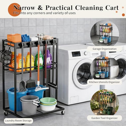 Broom Holder with Cleaning Supplies Organizer,Rolling Cleaning Cart