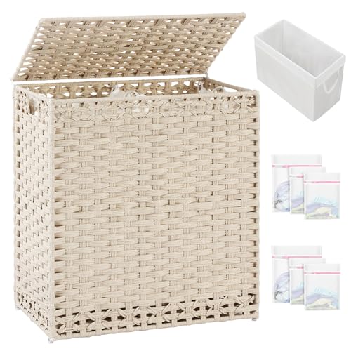 SETVSON Laundry Hamper with Lid PE Rattan Laundry Basket, Light Khaki - color: Light Khaki, size: 29.6 Gal