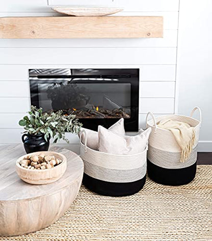 OrganiHaus Round Toy Basket & Blanket Basket, Cotton Rope 20x13" - color: 3-toned Black, size: Wide