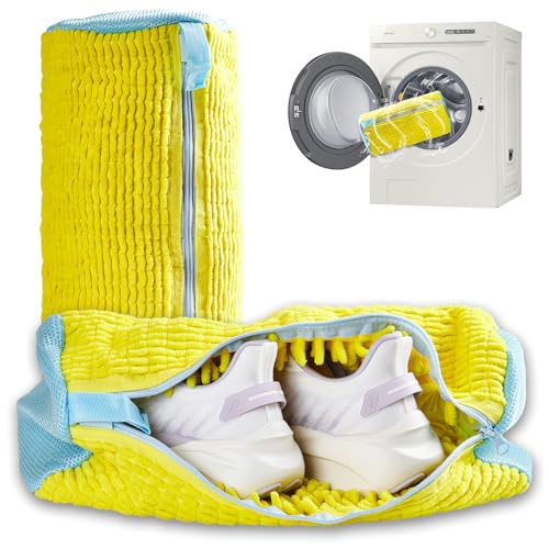 2Pcs Reusable Shoe Cleaning Bag, Yellow Mesh, Polyester, Laundry Bags, Zipper Closure, XX-Large, Modern, Hangable, Scratch Resistant, 2 Count
