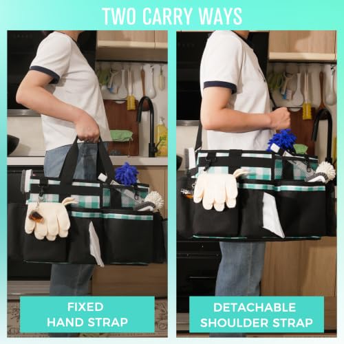 SCAVATA Wearable Cleaning Caddy, Cleaning Caddy Supplies Organizer with Handle & Shoulder Straps for Housekeepers, Under Sink & Car Cleaning Tool Organizers Bag with 4 Foldable Divider (BluePlaid) - color: BluePlaid