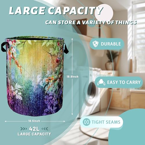 Abstract Floral Laundry Basket Oxford Cloth Foldable Hamper 18.9" x 16.5" - color: Beautiful Flowers Watercolor Floral