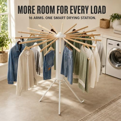 Clothes Drying Rack Foldable, Portable Laundry Drying Rack for Clothes with 16 Wooden Rods & 48 Windproof Slots, Collapsible Tripod Dry Rack for Apartment, RV, Balcony - style: Wood RODS & Aluminum Legs