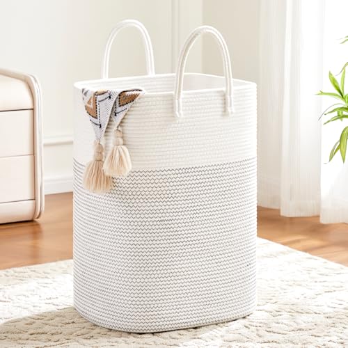 Laundry Basket,Woven Cotton Rope Laundry Hamper,Versatile Storage for Dirty Clothes,Baby Toys,and Blankets in Bathroom, Nursery,and Living Room (White, 60L) - color: White, size: 60L
