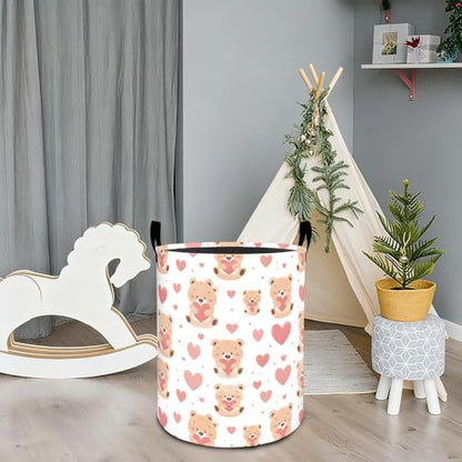 Cute Teddy Bear Heart Laundry Basket Hamper for Boys Girls Kids Adults, Foldable Waterproof Oxford Clothes Storage Bin, Bear Heart Organizer for Bedroom Bathroom Room Decor 19.7"x15.7" - style: Teddy Bear