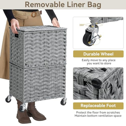 Chrislley Wicker Laundry Basket with Wheels,Rolling Laundry Hamper with Lid - color: Grey