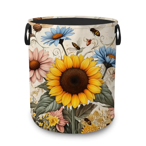 Sunflower Bees Dirty Clothes Hamper,Foldable Laundry Basket with Handles,Wildflower Garden Waterproof Oxford Cloth Storage Bin for Bedroom Bathroom Nursery,16 x 20 Inch - color: Sunflower Bees,Wildflower Garden