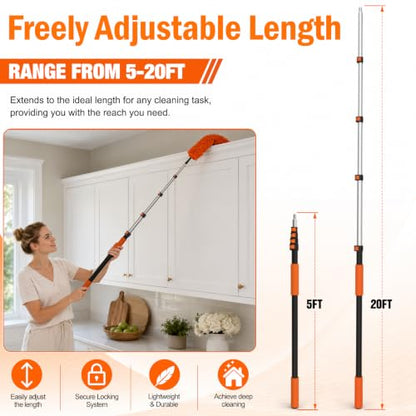 LAANPOLE 26FT High Reach Duster Cleaning Kit with Extension Pole, High Ceiling Fan Cleaner Duster Tool for Fan Blades, Window Washing Kit with Microfiber Feather Duster & Window Squeegee - size: 20FT