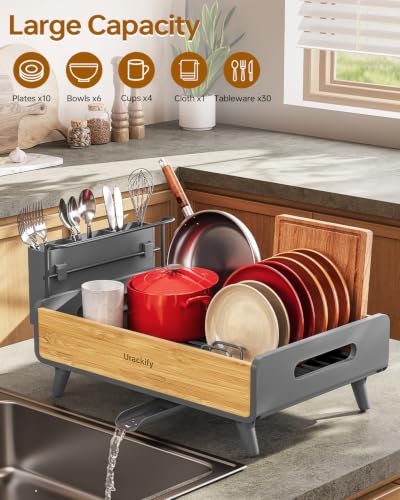 Urackify Modern Dish Rack for Kitchen Counter,Stainless Steel & Bamboo,Grey - color: Gray, size: 1 Tier