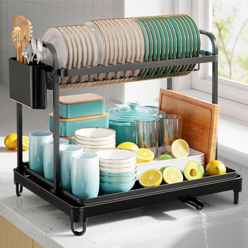 Sakugi Dish Drying Rack 2-Tier 16.7" x12.7" x15.8" Black Double Rod - color: Black, size: X-Large