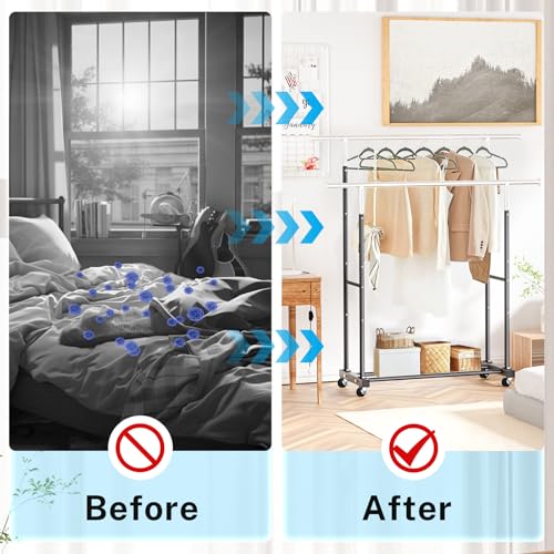 VICERII Double Clothing Rack, 130LB Capacity Heavy Duty Garment Rack with Wheels and Bottom Shelf, 55.51 Inch Long Rolling Clothes Racks for Hanging Clothes, Black - color: Black, size: Double