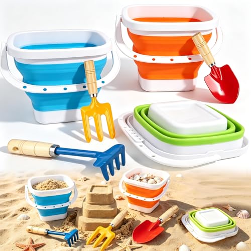 Umnodobn Collapsible Beach Bucket with Metal Shovels Set, Beach Toys Gifts for Adults, ABS Foldable Pails for Pool, Camping, Easter Party, Fishing, Summer Winter Activities 6PCS
